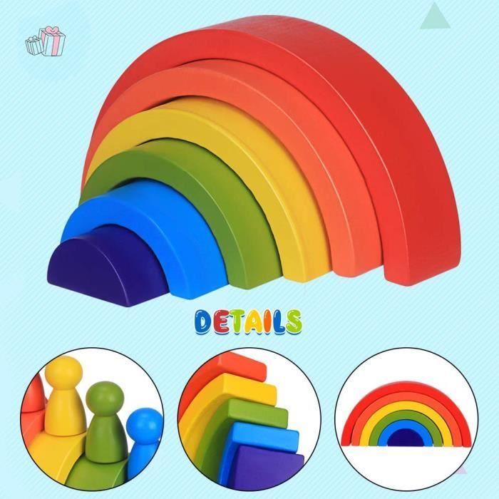 Lewo Empileur Arc-en-Ciel en Bois Puzzle de Nidification des Vagues Jeu d/'Empilage Jouets Montessori en Bois Blocs de Construction Arch Jouet Éducatif pour Tout-Petits Enfants Bébés Garçons Filles
