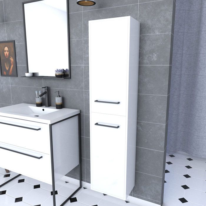 Colonne De Salle De Bain Blanche 30x35x150 Cm Avec 2 Portes Blanches Poignees Noir Mat Structura P015 Cdiscount Maison