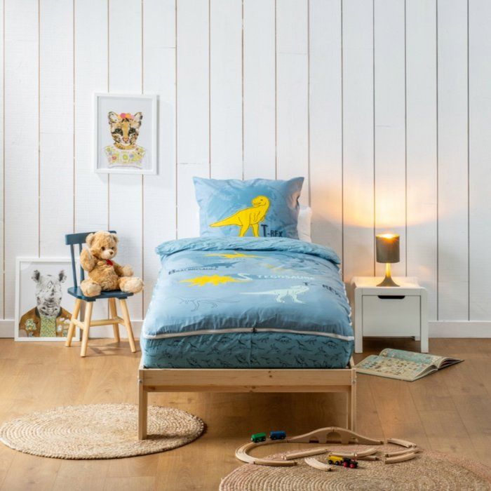 Parure de Lit Enfant Caradou® Dinosaure T-Rex en Coton 4 pièces: Couchage tout-en-un avec couette - 90x190cm - BLEU CALIN