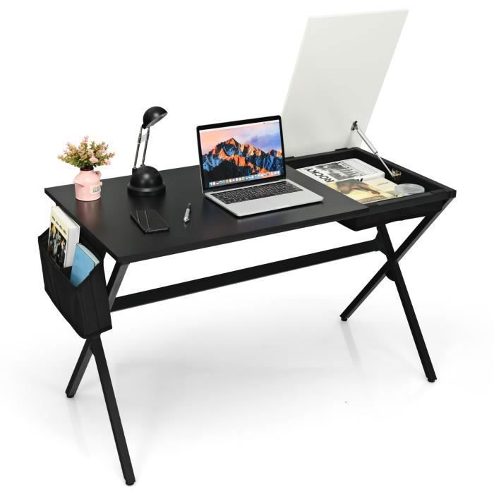 COSTWAY Bureau Gaming de 120 x 60 x 74cm avec Tiroir Cubique Sac de Rangement Latéral Table d Ordinateur Moderne Noir+Blanc