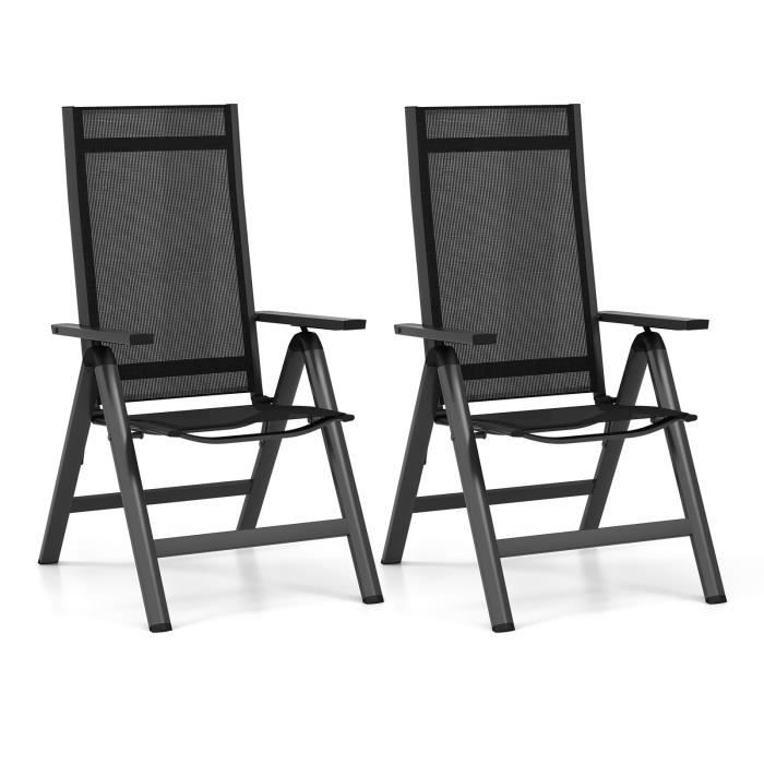 costway lot de 2 chaise de jardin pliante en alliage d'aluminium - dossier inclinable réglable patins antidérapants tissu en maille