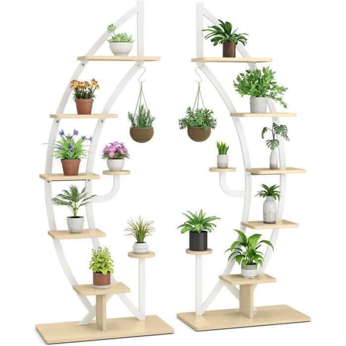 COSTWAY Lot de 2 Étagères à Fleurs en Métal - 7 Niveaux - Porte Plantes en Forme de Demi-lune Dispositif Anti-renversement Blanc