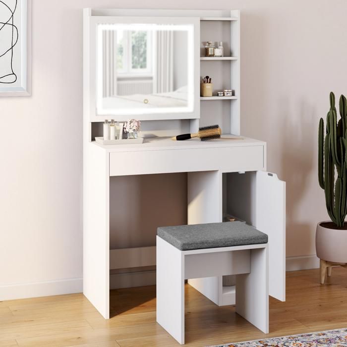 IDMARKET Coiffeuse ZELIA blanche miroir LED avec rangement 1 tiroir 1 caisson de rangement et tabouret rembourré