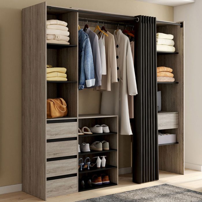 IDMARKET Dressing extensible double XXL MERYL 120/180 cm hêtre avec tiroirs + étagères + penderie + rideau noir IDMARKET Dressing extensible double XXL MERYL 120/180 cm hêtre avec tiroirs + étagères + penderie + rideau noir