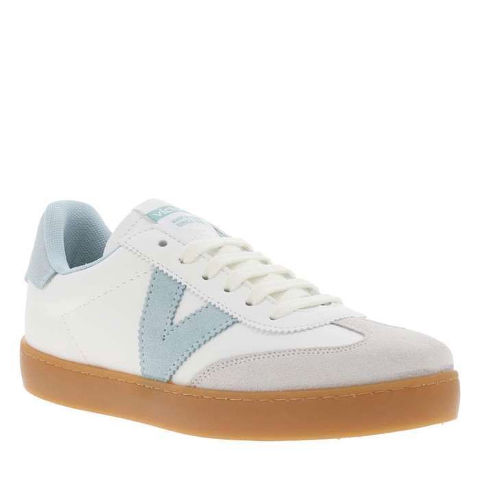 Victoria Tennis blanches et bleues ciel à lacets plats écrus et à semelle en gomme miel