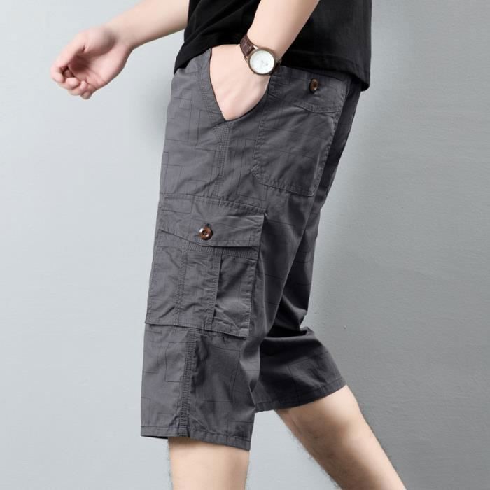 Pantacourt Femme Cargo Taille Haute - Coupe 7/8 Large, Multipoches, élastique à La Taille - Tissu Stretch Confortable Pour Le Sport, Les Loisirs Ou Le Travail Décontracté