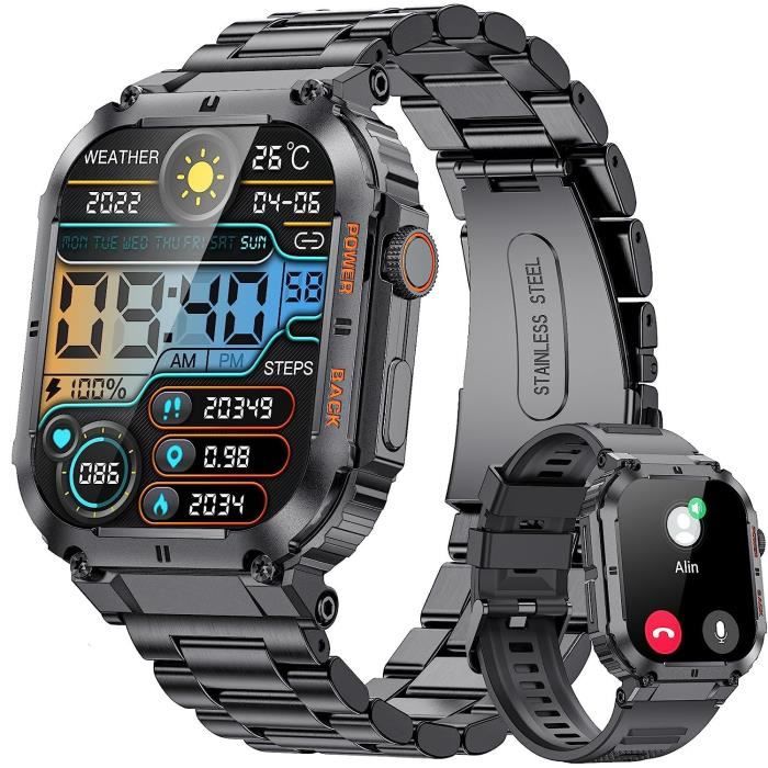 Montre Connectée Homme avec Appel Bluetooth,1.96” HD Sport Smartwatch  Militaire Etanche pour Android iOS, 2 Bracelets Noir - Cdiscount Téléphonie