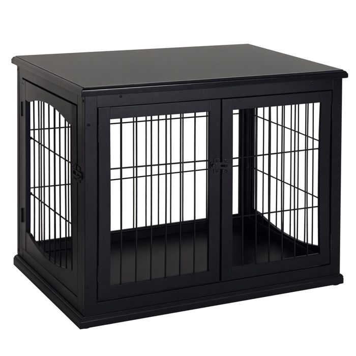 Cage pour chien - PawHut - animaux meuble intérieur bois MDF classe E1 3 portes verrouillables - bois - 81x58x66cm - noir