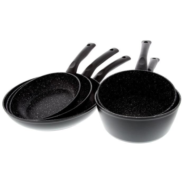 Set 5 pièces cuisson, 3 poêles Ø 20, 24, 28 cm + 2 casseroles Ø 18, 20 cm - PRADEL EXCELLENCE - Compatible tous feux. Manches fixes.