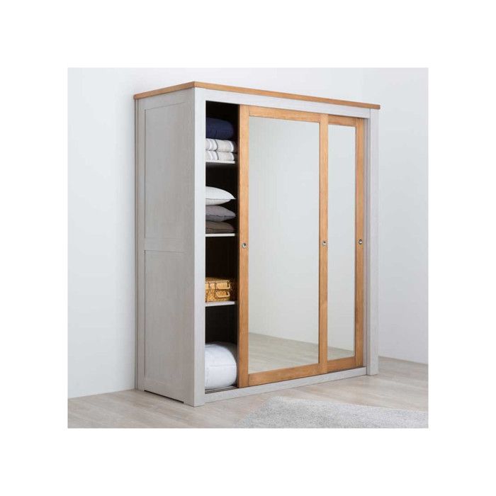 Armoire 2 portes coulissantes Miroir/Bois massif Argent GABRIEL L