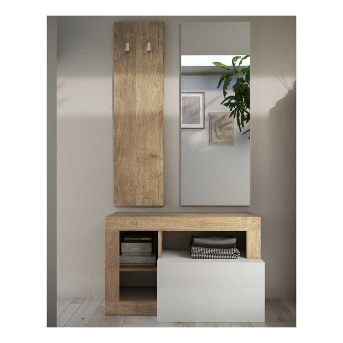 Meuble d'entrée vestiaire Chêne naturel/Blanc laqué ISCHIA L 91 x l