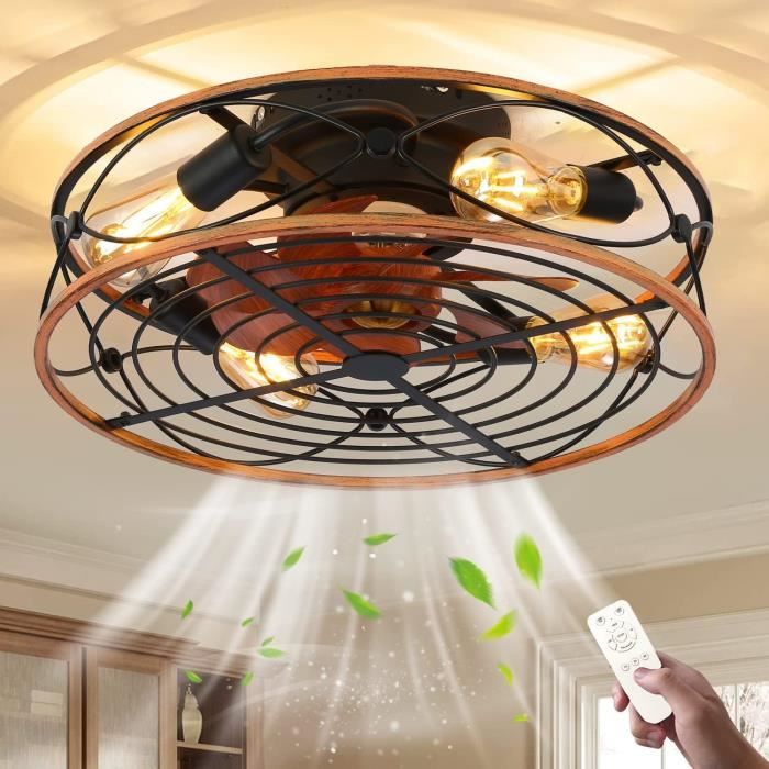 Ventilateur Plafond Rétro Avec Lumières LED – Pales Rétractables – Télécommande 6 Vitesses – Timer – Style Industriel