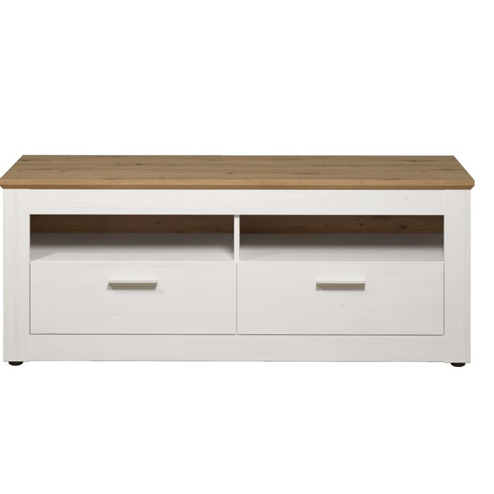 4251585544304 Meuble TV Shade 2 tiroirs 2 compartiments ouverts décor pin blanc décor chêne.