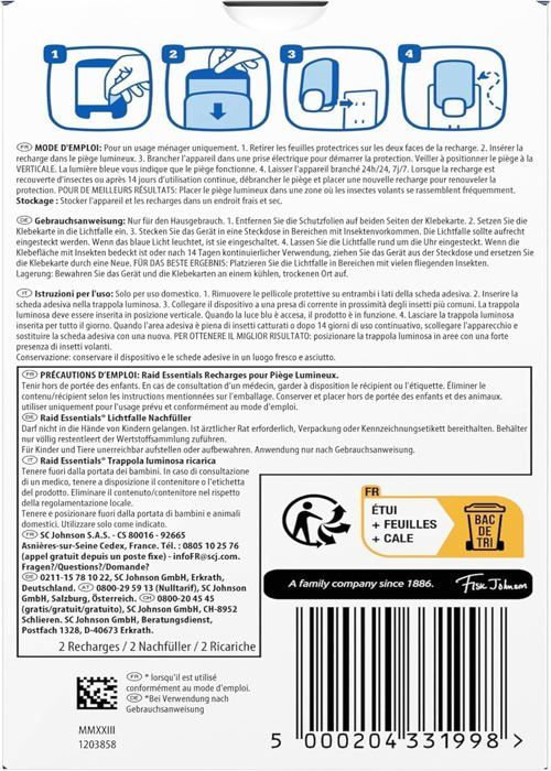 Piège Anti-mouches LED Raid Essentials - Sans Insecticide, Lumière UV, Plaque Adhésive, Usage Intérieur, 1 Appareil + 1 Rechange