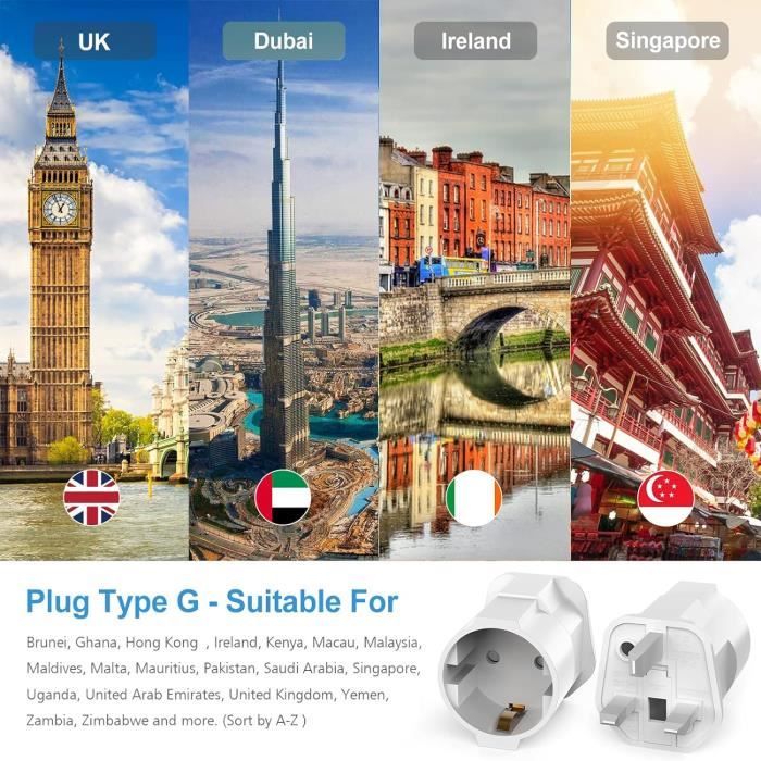 Adaptateur reiseadapter UK, 2 Adaptateur Prise Anglaise UK Angleterre France  Adaptateur de Voyage Europe Francaise FR 2 Broches vers GB 3 Broches pour  Royaumeuni Irlande Bretagne Écosse Type G : : High-Tech