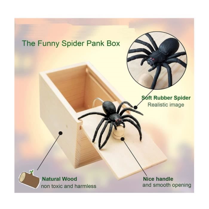 Boîte de farce d'araignée en caoutchoucboîte de boîte de surprise en bois  faite à la main, surprise d'argent d'araignée dans une boîte, trucs de farce  [version améliorée]