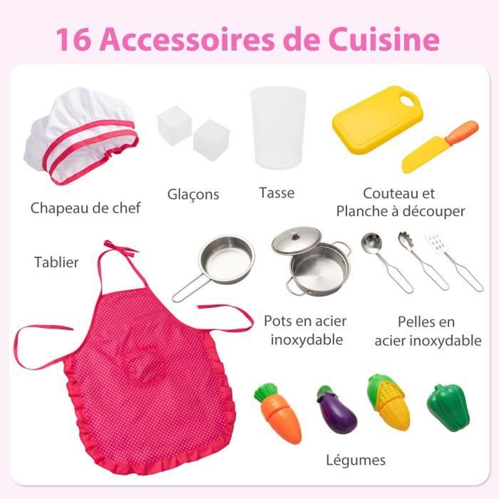Cuisine Enfants Rose avec 16 Accessoires & 3 Hauteur Réglable Jeu de Cuisine  avec Sons et Lumières Jouet d'Imitation pour Enfants de 3 Ans+ - Costway