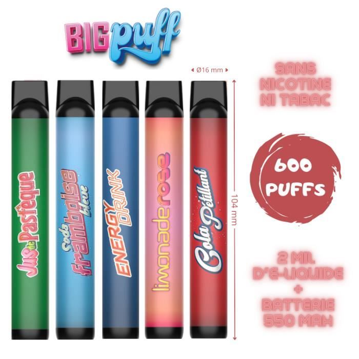 5 puffs assortis sans nicotine - jus de pastèque, soda framboise bleue ...