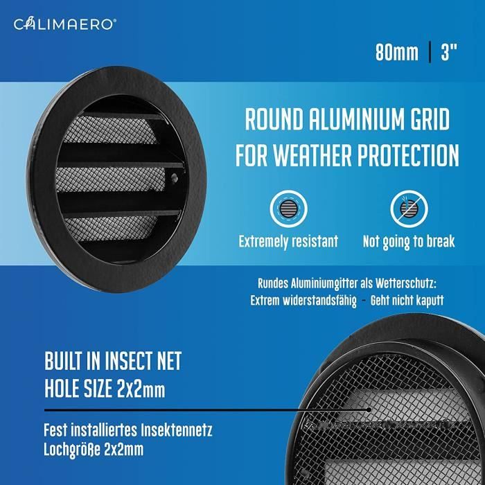 calimaero WSGB Grille Aération Noire 150 mm Grille Murale/Plafond Avec  Moustiquaire Alu (Fine 2mm) Grille Ventilation Exterieur, Intérieur/Fonte  d'aluminium/Grill Rond : : Bricolage