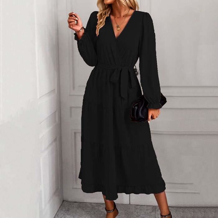 Robe Femme Manches Longues Volants Col V Ceinturé Taille haute