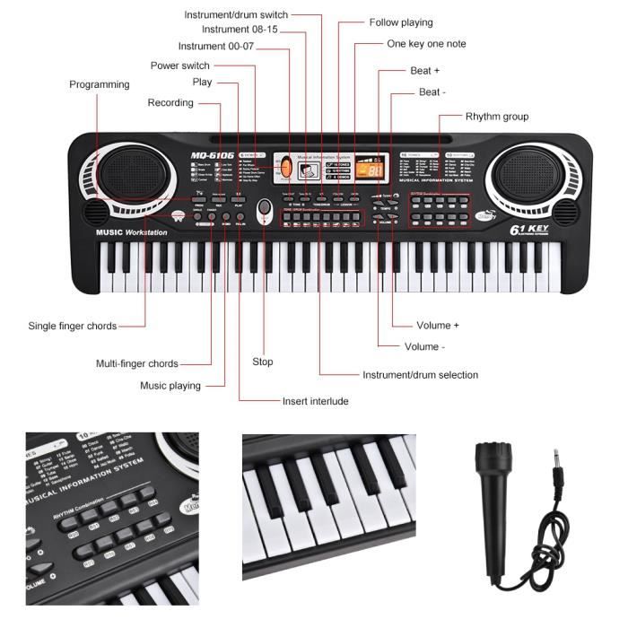 Piano à 61 Touches - Instrument De Musique électronique à 16 Voix Et 10 Rythmes Avec Microphone Et Alimentation 49435