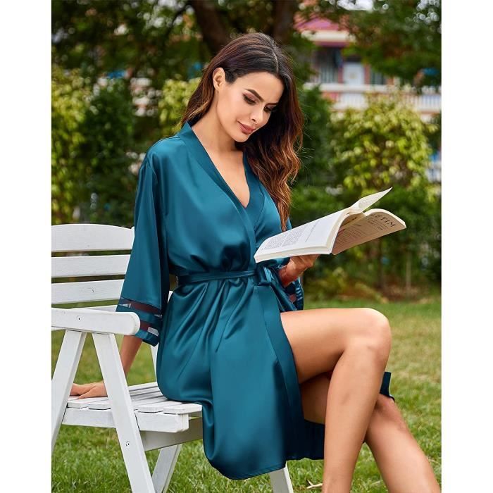 Peignoir de bain peignoir femme 3 4 Vetements de Nuit peignoir en satin Avec ceinture reglable pour Fete Mariage XXL lac bleu Cdiscount Maison