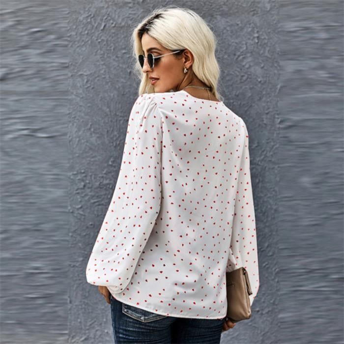 T SHIRT Femme NX Haut ample imprime a la mode a col en V Manches longues Blanc