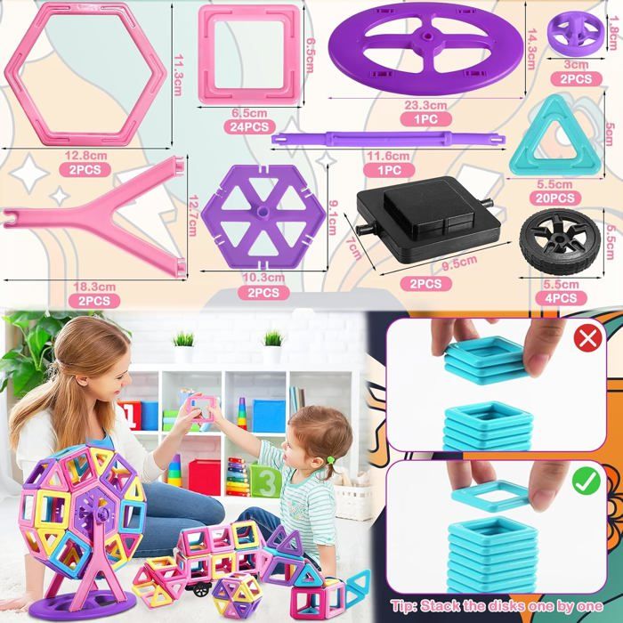 Set Construction Magnétique BONNYCO 50 Pièces - Tuiles Magnétiques, Figurines Animaux, Guide 2D/3D - 12