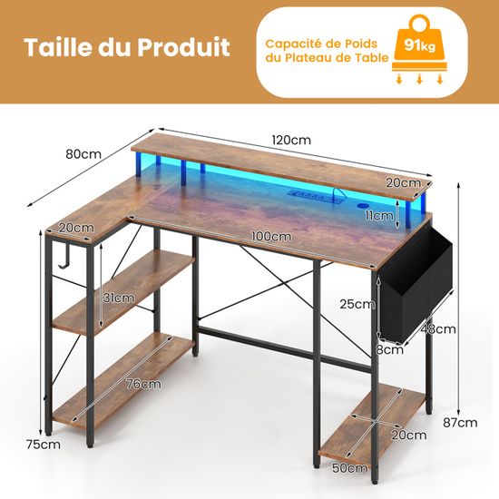 Costway – Bureau d'angle 120 cm avec éclairage LED – Ports USB et prise de courant – Support d'écran ergonomique et étagères de rangement – Noir