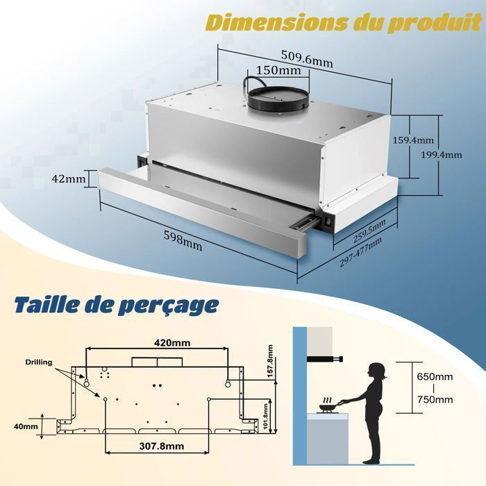 KICHPOWER Hotte Aspirante Encastrable 60 Cm Télescopique – 400 M³/h – LED – Filtres Charbon Inclus