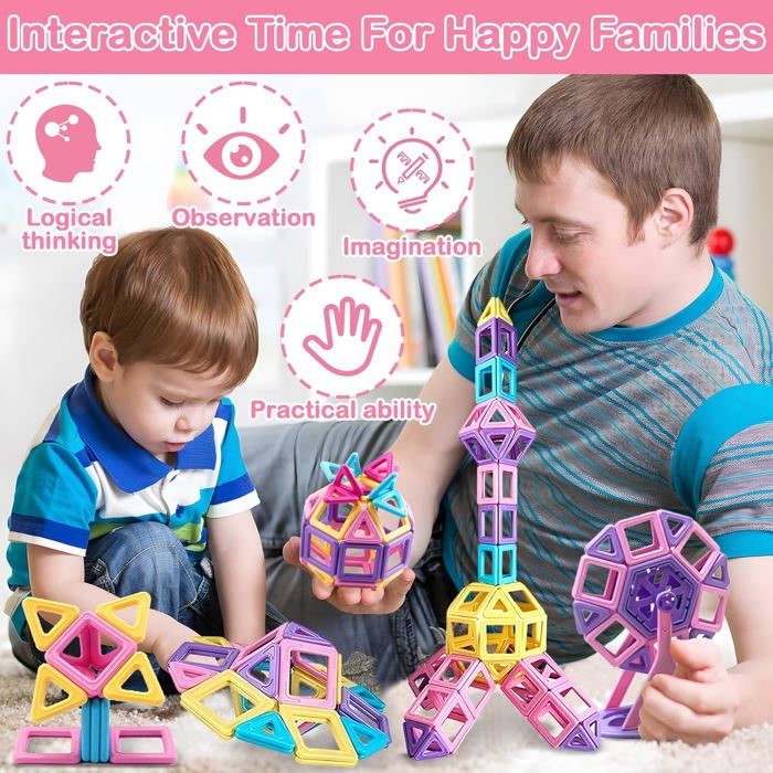 Kit De Construction Magnétique BONNYCO 50 Pièces - Figurines Animaux & Tuiles Illustrées - Jouet Éducatif 2D/3D Pour Enfants