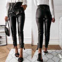 Pantalon à nœud à la mode pour femmes, pantalon de poche en cuir sexy, leggings serrés Noir