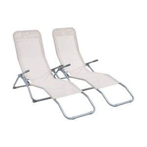 CHAISE LONGUE Lot de 2 bains de soleil pliants - Levito Taupe - Transats textilène 2 positions. chaises longues