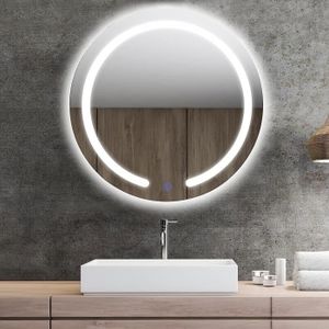 Miroir de salle de bains lumineux LED rond avec tablette bois, GoodHome  Avela