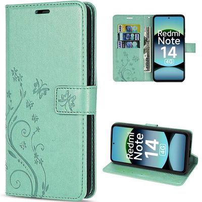 Coque Portefeuille Pour Redmi Note 14/14 Pro/14C - Motif Fleur Sur Cuir Synthétique Vert