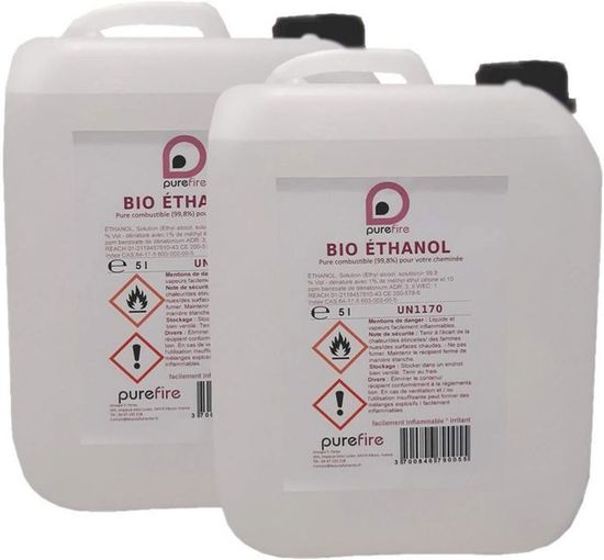 Bio-éthanol liquide, Combustible Haute-Performance à 99,8% ,PUREFIRE by Purenail, 2 jerrycans de 5 Litres, Sans fumée ni odeur