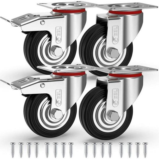 Lot De 4 Roulettes Pivotantes 360° - Diamètre 75mm, Filetage M10 - En Acier, Gris - Pour Meubles Lourds (jardin/terrasse)