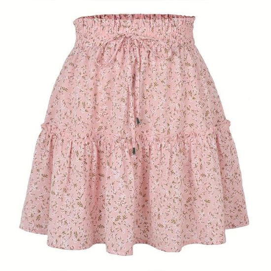 Jupe Femme Florale à Volants Taille Haute - Mini Jupe Évasée Printemps/Été, Noir Taille M
