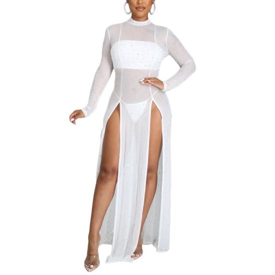 Haut transparent en maille à manches longues avec perles et strass pour femmes - une pièce de couverture crop top, Rose pâle Haut transparent en maille à manches longues avec perles et strass pour femmes - une pièce de couverture crop top, Rose pâle