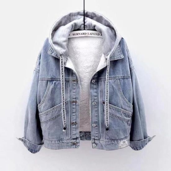 Veste En Jean à Capuche Femme SS7 - Bleu Moyen, 4 Poches, Coupe Décontractée