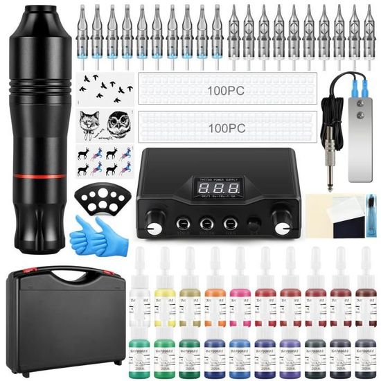 STIGMA Pro Machine à Tatouer Avec Batterie Et 20 Aiguilles - Kit Complet Pour Débutants