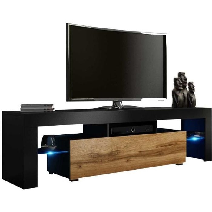 Meuble tv 160 noir mat porte aspect chêne wotan + led rgb