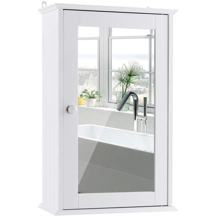 Armoire Mural Salle de Bain Meuble de Toilette avec Miroir et 1 Porte Blanche Armoire à Miroir 34x15x53 CM