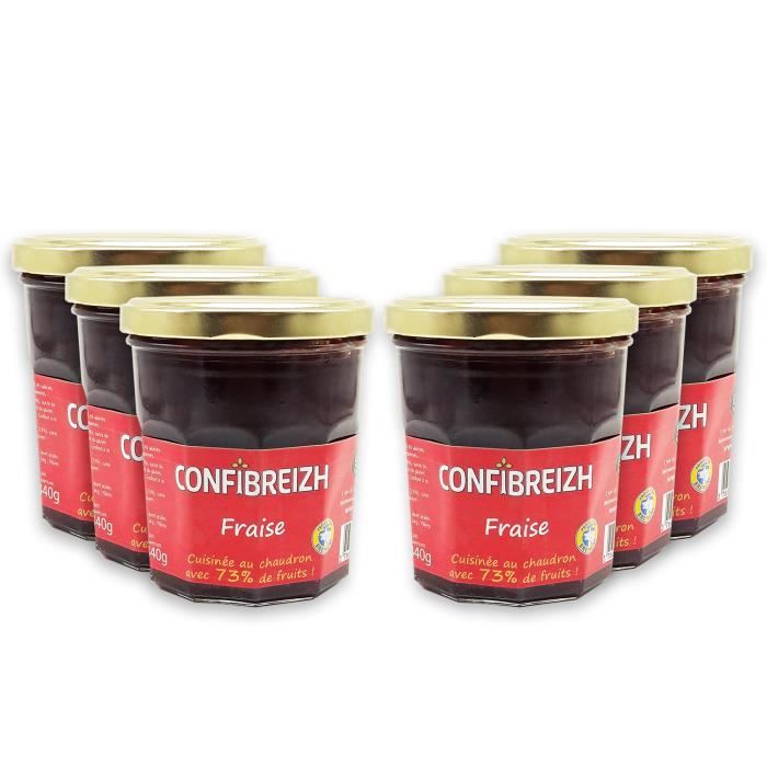 Confiture CONFIBREIZH Fraise pot 340g - LOT X6 - recette traditionnelle (73% fraises) - cuisson au chaudron - prix du LOT
