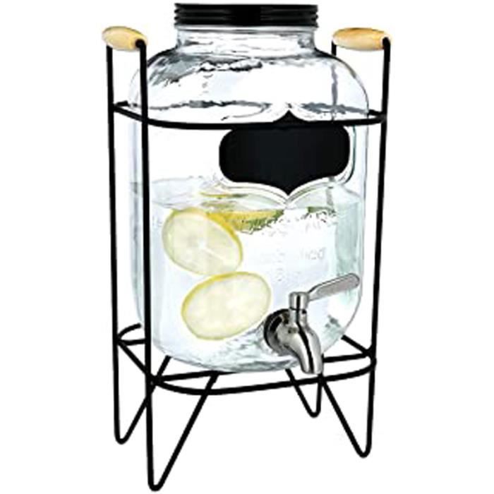 Distributeur De Boisson En Verre - Fontaine 5 L Avec Robinet Couvercle Et Support En Métal - Carafe Eau Boissons Froides Et Chaudes