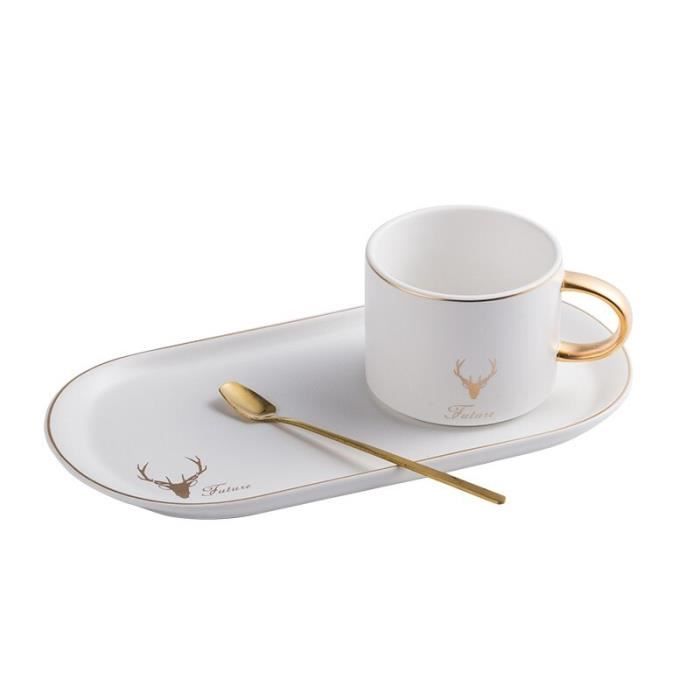 Service à café avec soucoupes,Tasse à café en céramique avec bord doré, ensemble cuillère, assiette à Dessert, tasse, - Type WHITE
