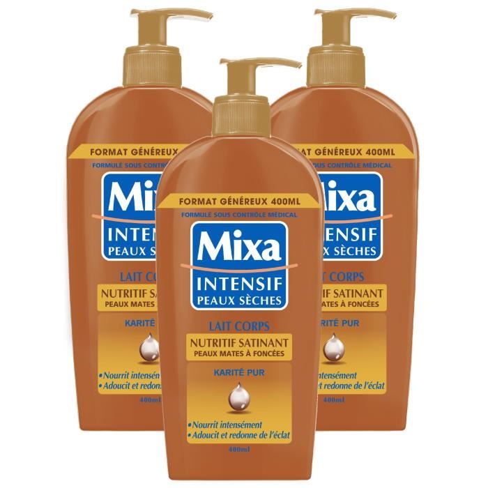 Lot De 3 - MIXA Intensif Peaux Sèches - Lait Corps Nutritif Satinant pour Peaux Mates à Foncées - 400 ml