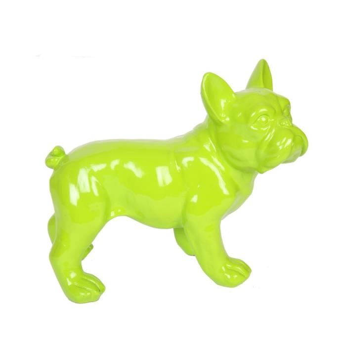 Statue chien bouledogue Français vert en résine - Hadrien - 27 cm