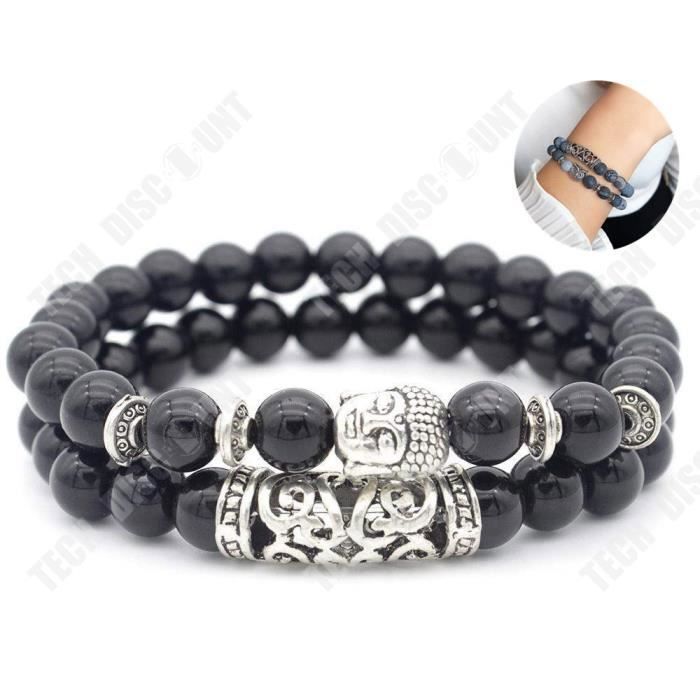 TD® Lot de 2 Bracelets en Perles de Pierres Roulées Nenju Chapelet Bijoux Cadeau Mixte Pour Femme Homme Gris