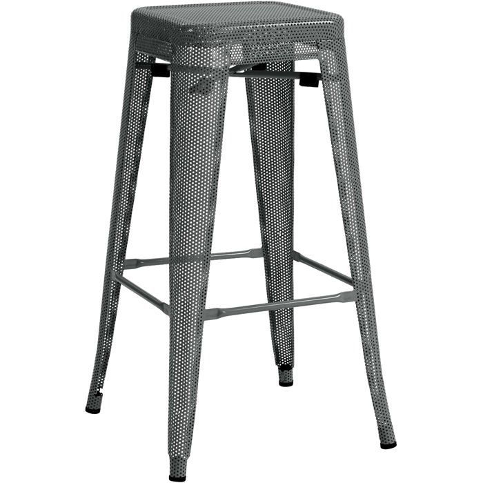 Tabouret de bar avec repose pieds design industriel empilable en metal perfore gris 10_0004869